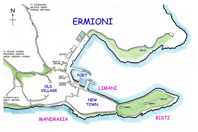 Map showing the Southern Mandrakia coastline of Ermioni 